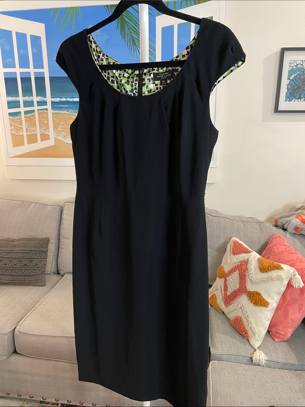 Tahari ASL Black Midi Dress with Green Geometric Lining